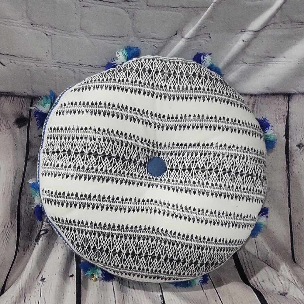 Round Black & White Pattern Accent Pillow with Blue Tassels